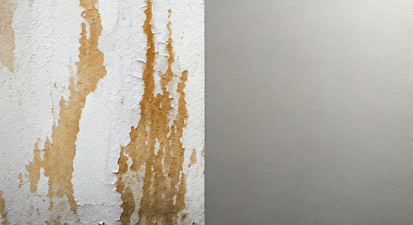 Professional photo of a section of a wall with visible water stains and peeling paint, contrasting w