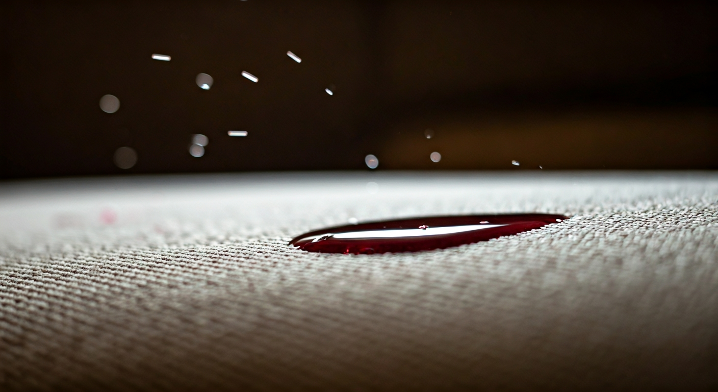 Close-up photo of a liquid spill (e.g., red wine) beading up on the surface of a fabric sofa, clearl