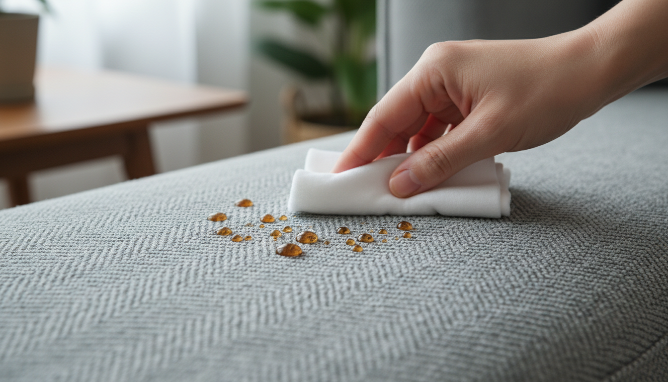 Close-up photo of a hand gently dabbing a spilled liquid (water or coffee) from a sofa cushion, show