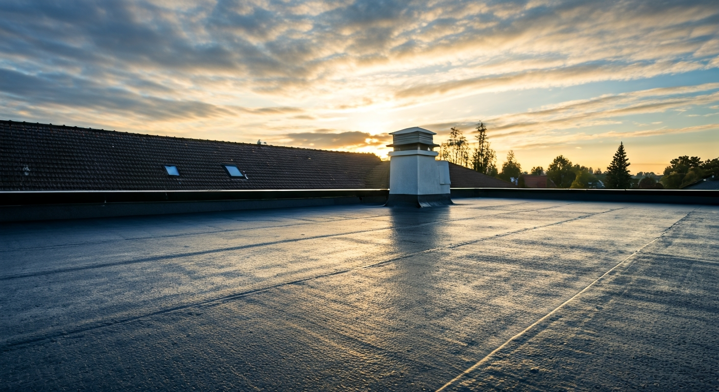 Professional photo showing a section of a well-maintained rooftop with a finished waterproofing laye