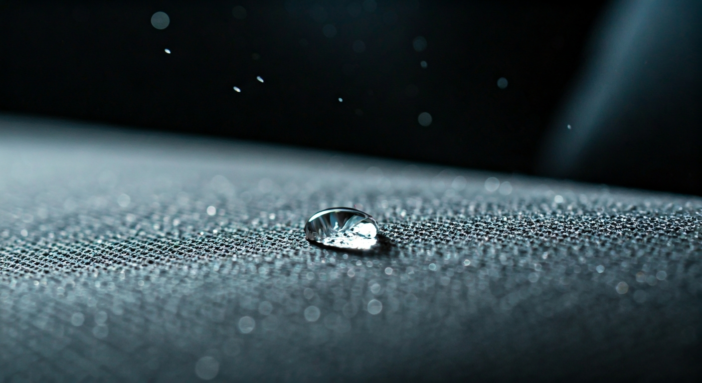 Close-up professional photo of a fabric sofa with a water droplet beading on the surface, illustrati