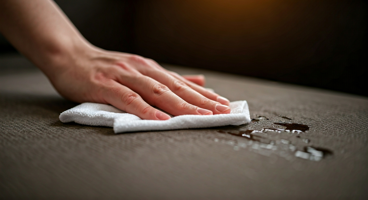 Professional photo of a hand gently blotting a small spill on a waterproofed sofa with a clean white