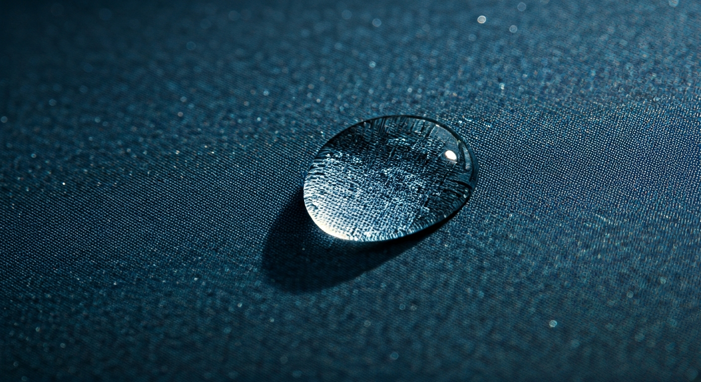 Close-up photo of a fabric swatch with a water droplet beading up and rolling off the surface, showc
