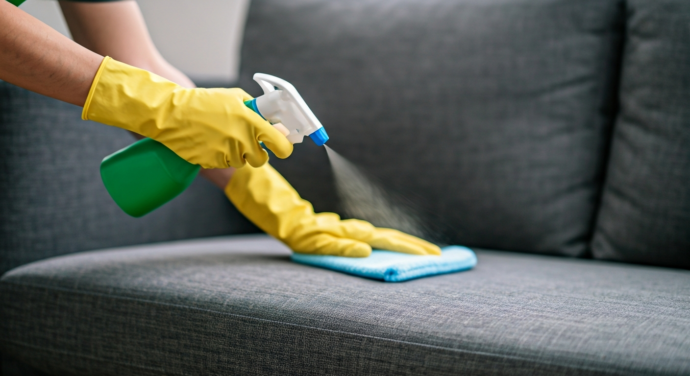 Professional photo of a cleaning specialist carefully applying a protective spray to a sofa cushion