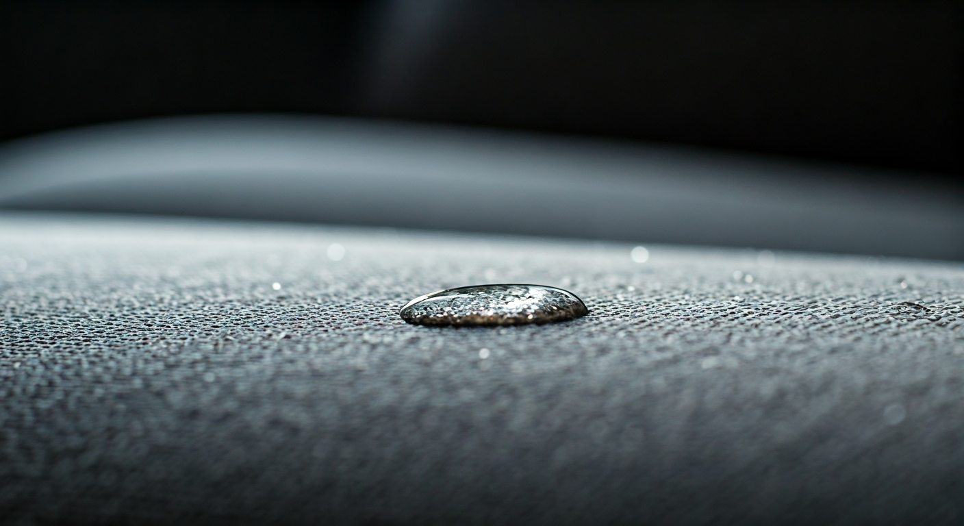 Close-up professional photo of a fabric sofa surface with a liquid droplet beading and resting on to