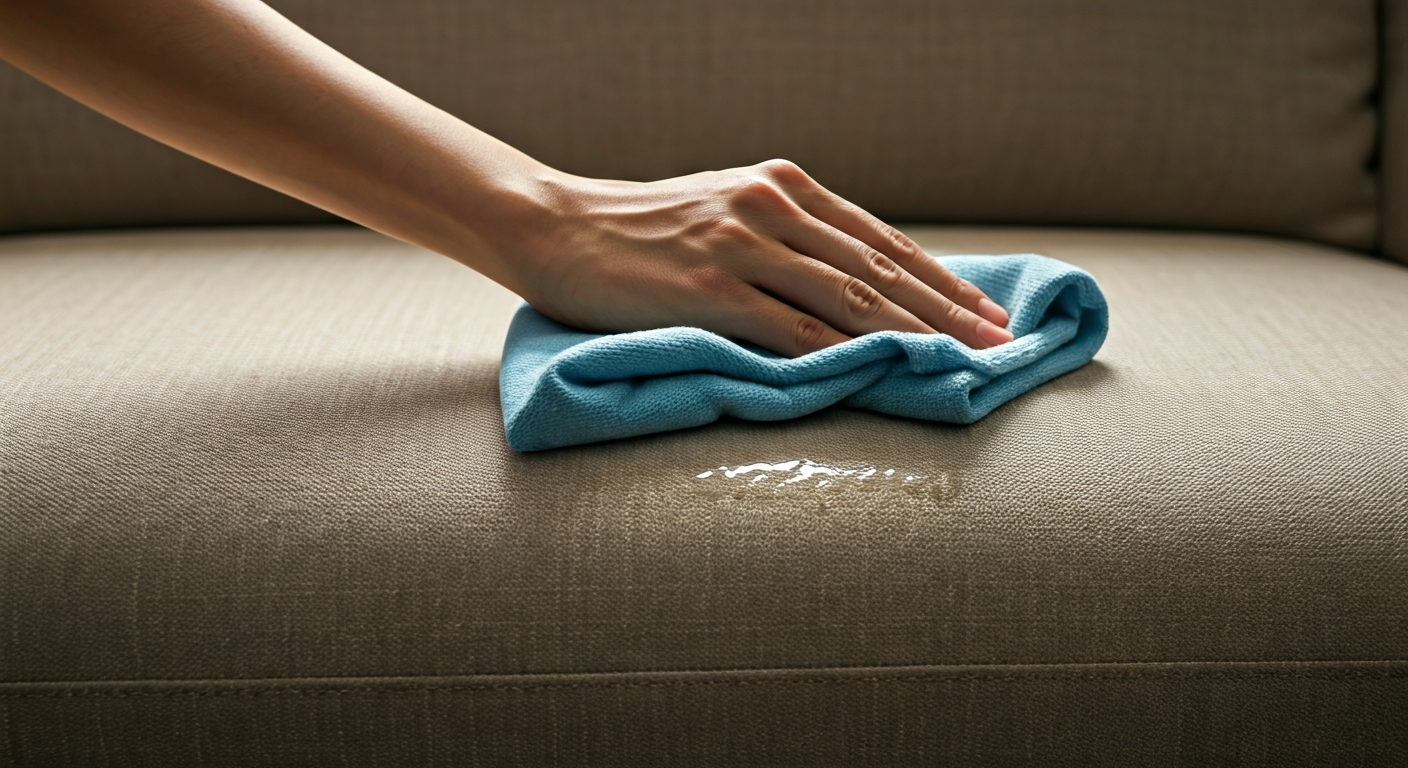 Professional photo showing a person gently wiping a liquid spill off a sofa with a clean cloth. The