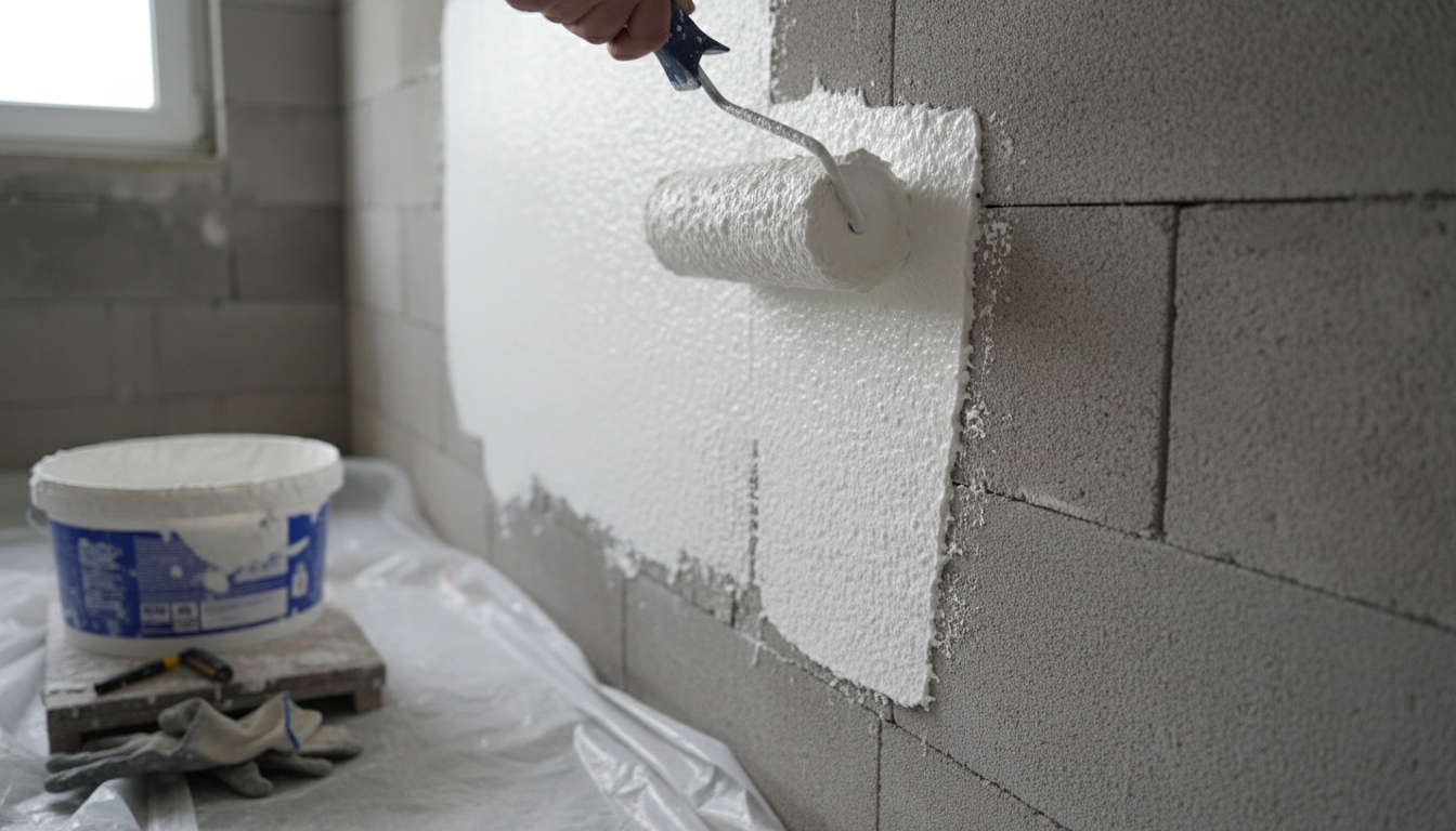 Close-up professional photo of an expert worker applying polymer mortar to a newly constructed bathr