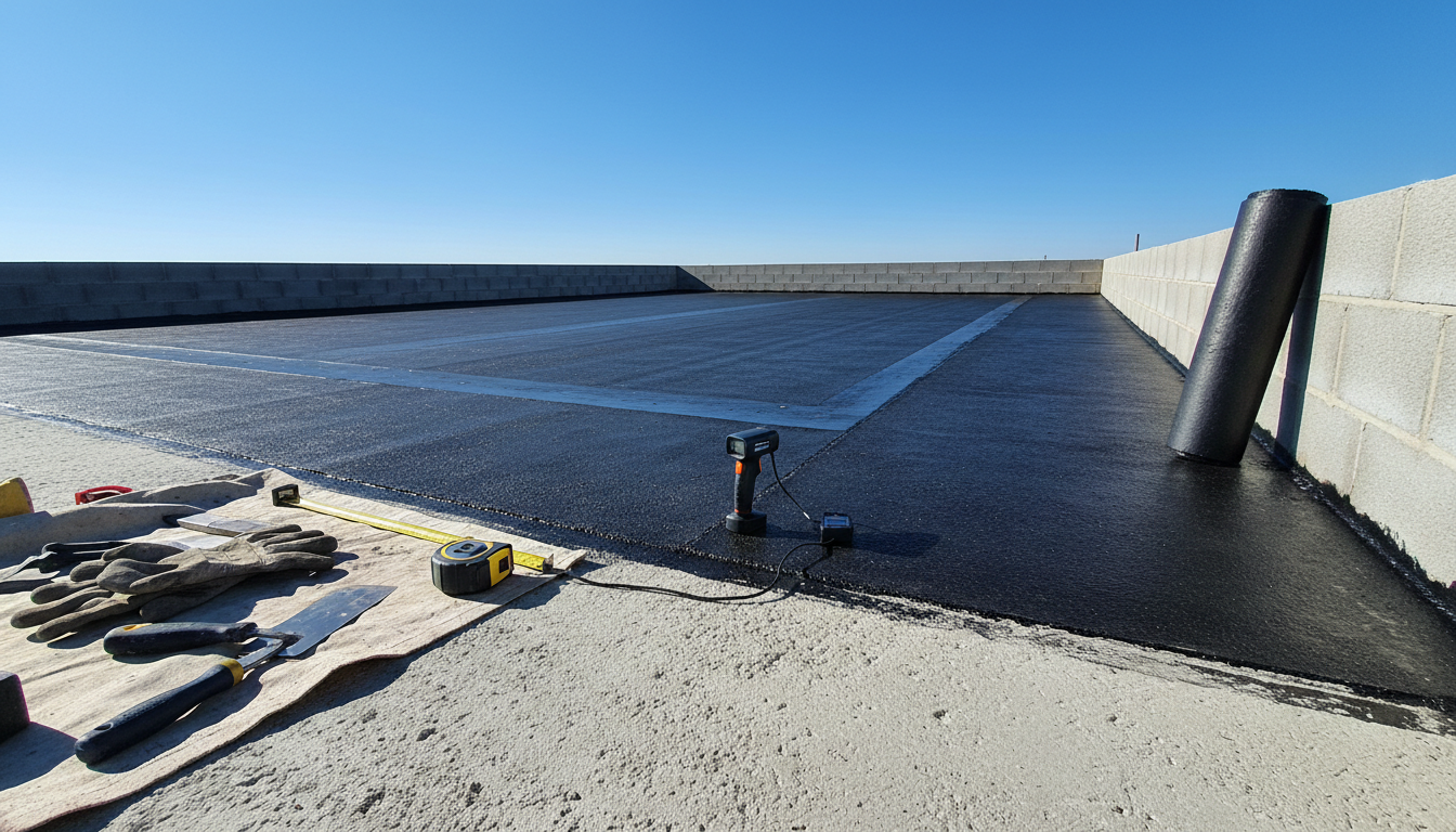 Professional photo of a skilled worker inspecting a waterproofed slab with asphalt blanket, checking