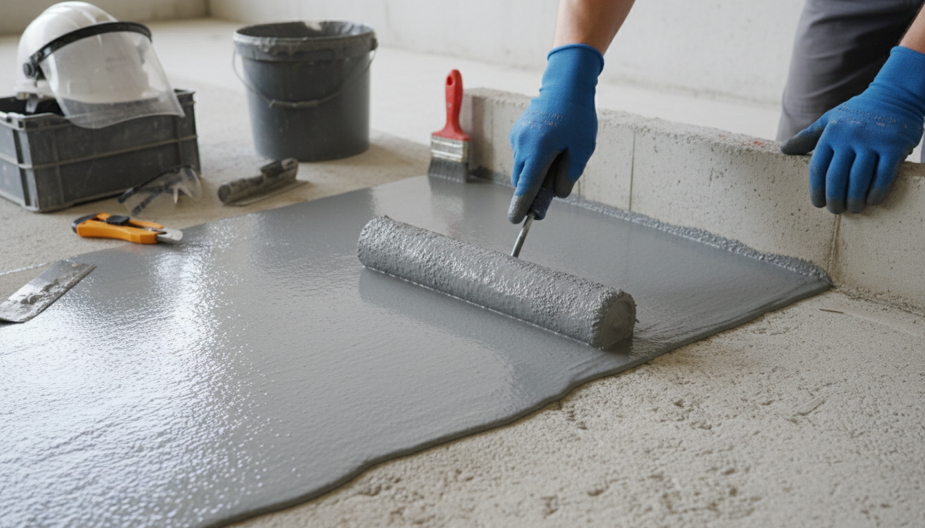 Close-up photo of a professional technician applying liquid waterproofing membrane to a concrete sla