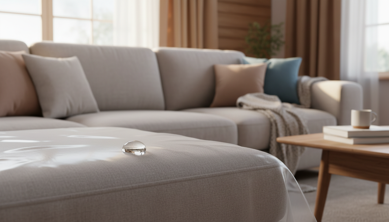 Professional photo of a clean, protected living room sofa, with a subtle water droplet beading up on