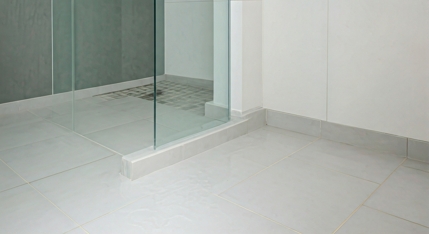 Professional photo of a perfectly tiled bathroom floor and shower area, showcasing a seamless waterp