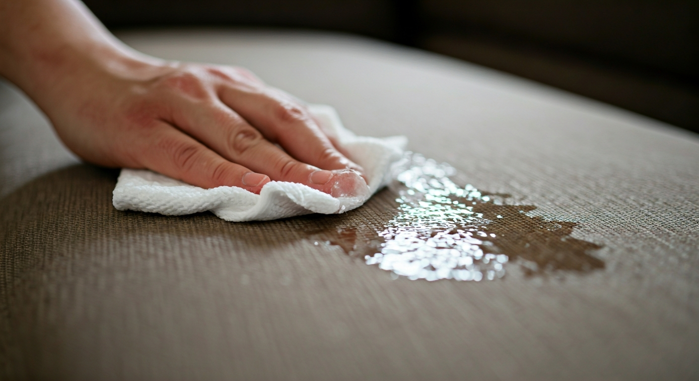 Close-up professional photo of a hand gently wiping a liquid spill from a fabric sofa with a clean w