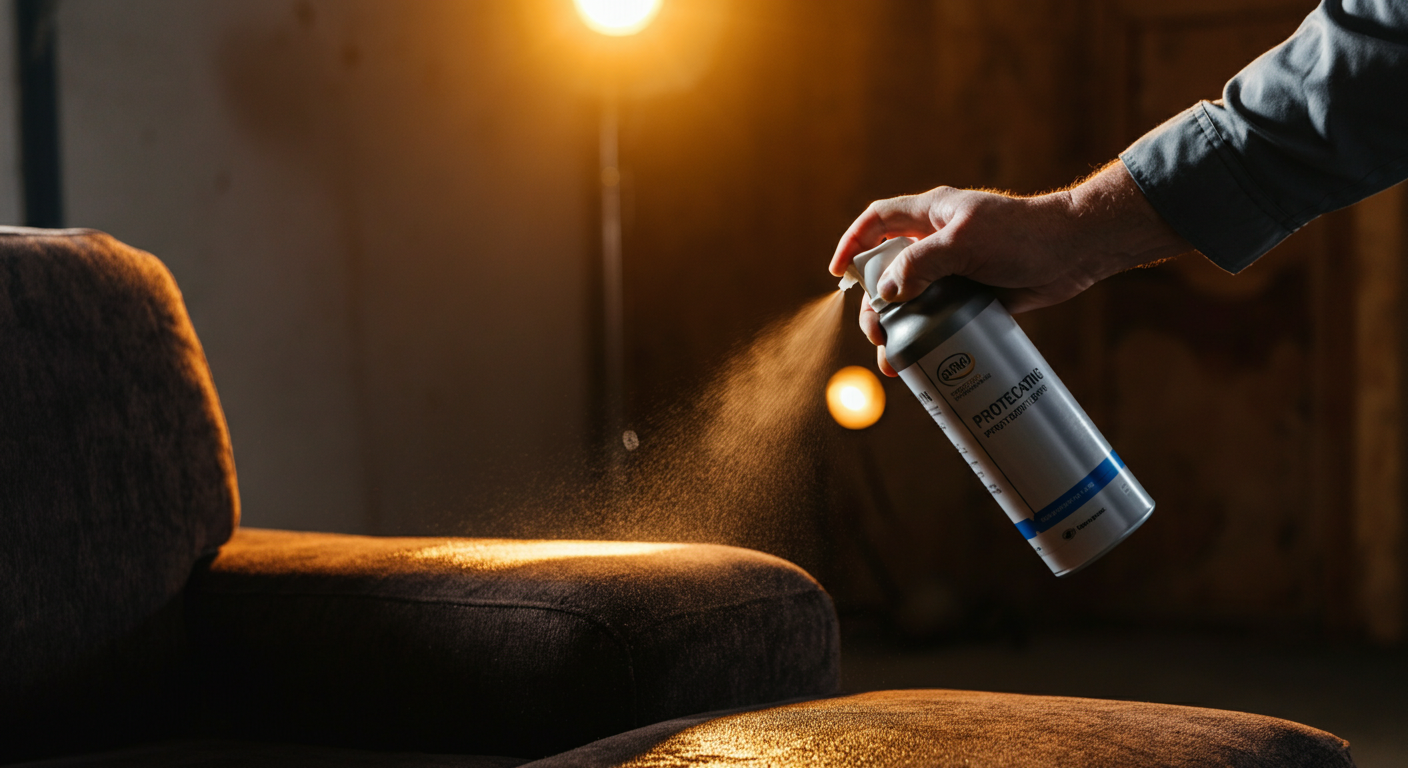 Professional photo showing a craftsman carefully applying a spray protectant to a sofa cushion. The