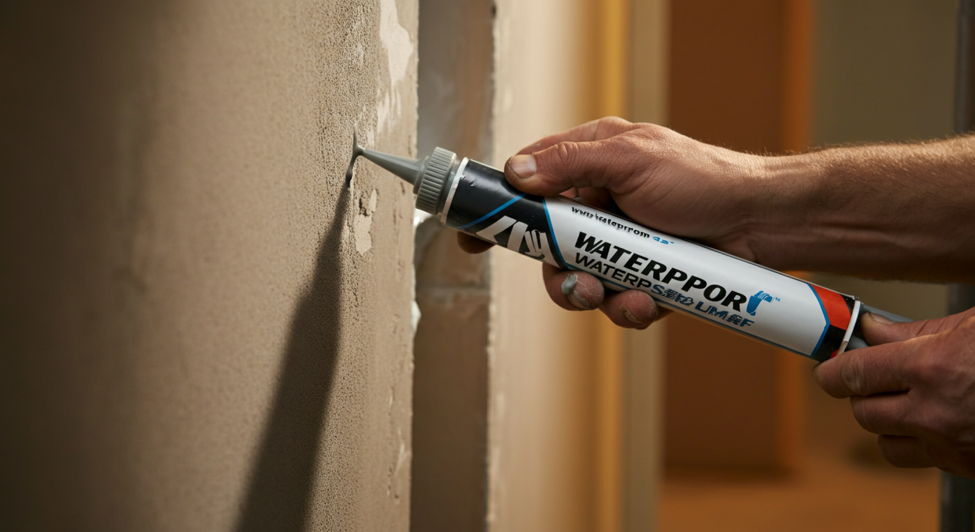 Close-up photo of a skilled hand applying waterproof sealant to a wall joint, with clear focus on th