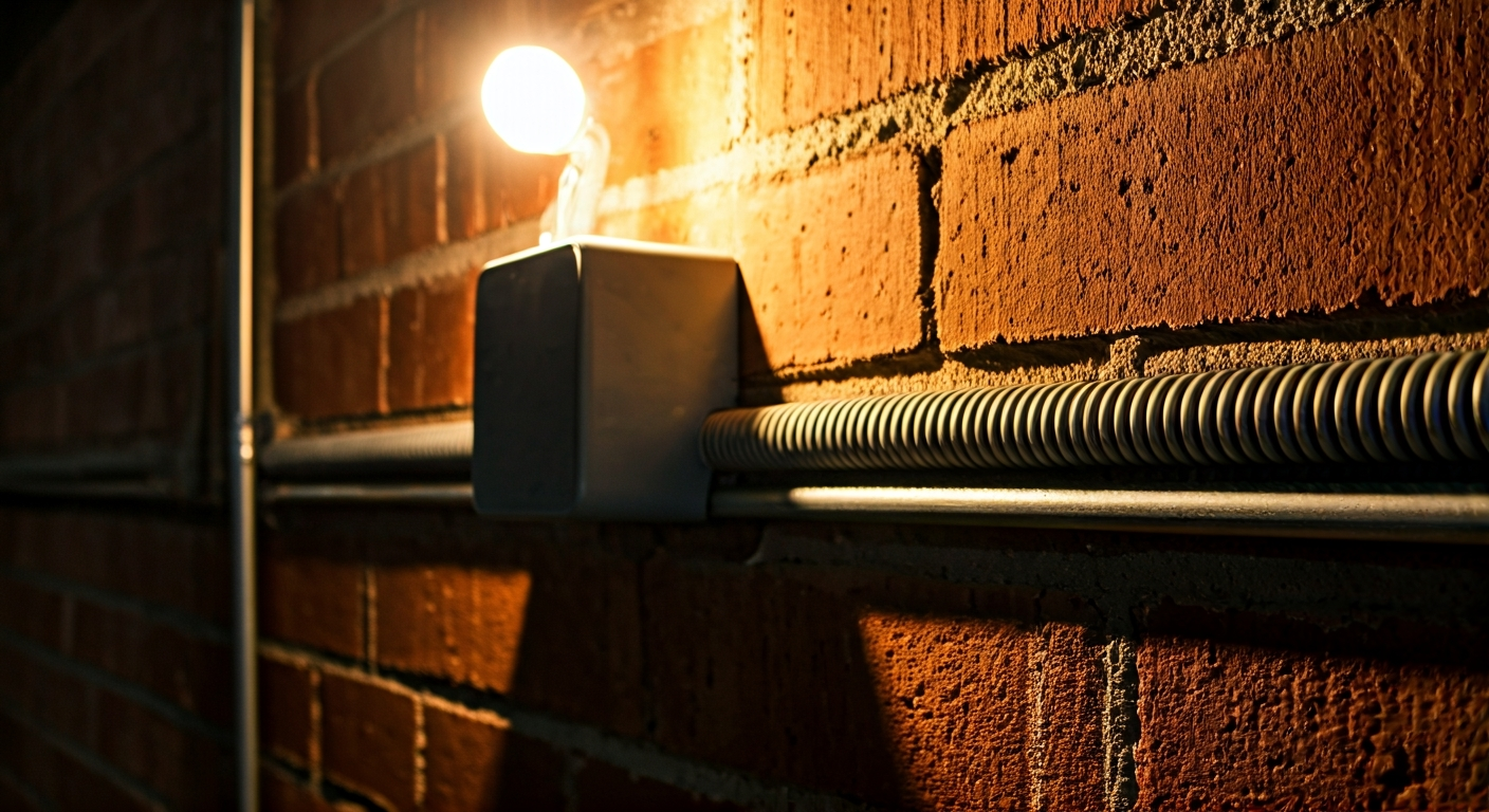Close-up photo of a junction box and metal conduit on a brick wall, showcasing industrial electrical