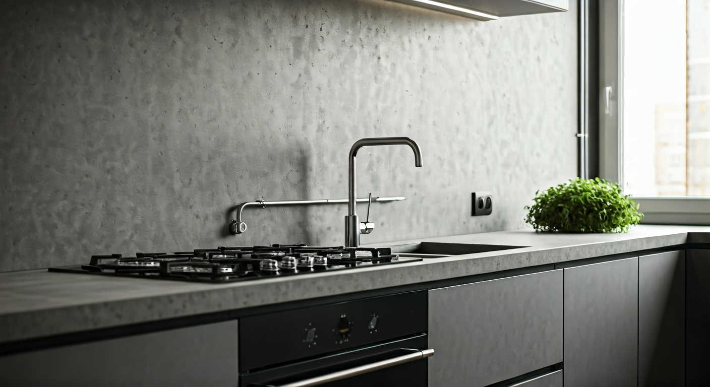 Professional photo of a modern kitchen with visible electrical conduits integrated into the design,
