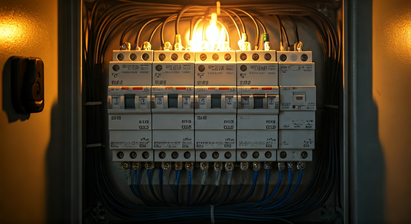 Professional photo of a neatly organized electrical panel (QDC) with clearly labeled circuit breaker