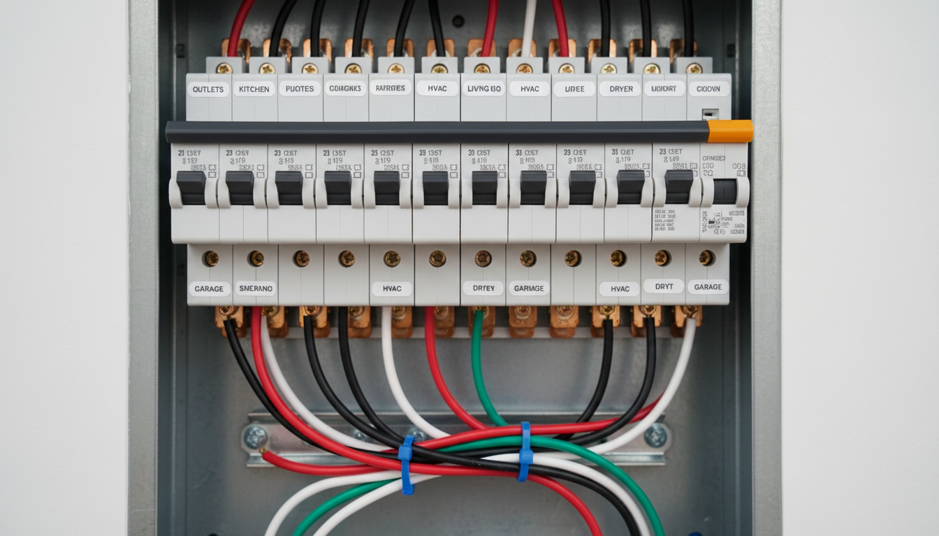 Close-up photo of a modern electrical panel (circuit breaker box) with clearly labeled circuit break
