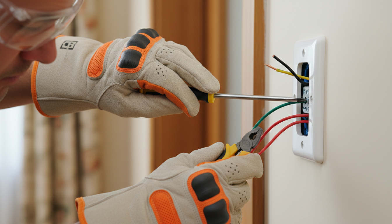 Professional photo of a certified electrician, wearing safety gloves and glasses, carefully working