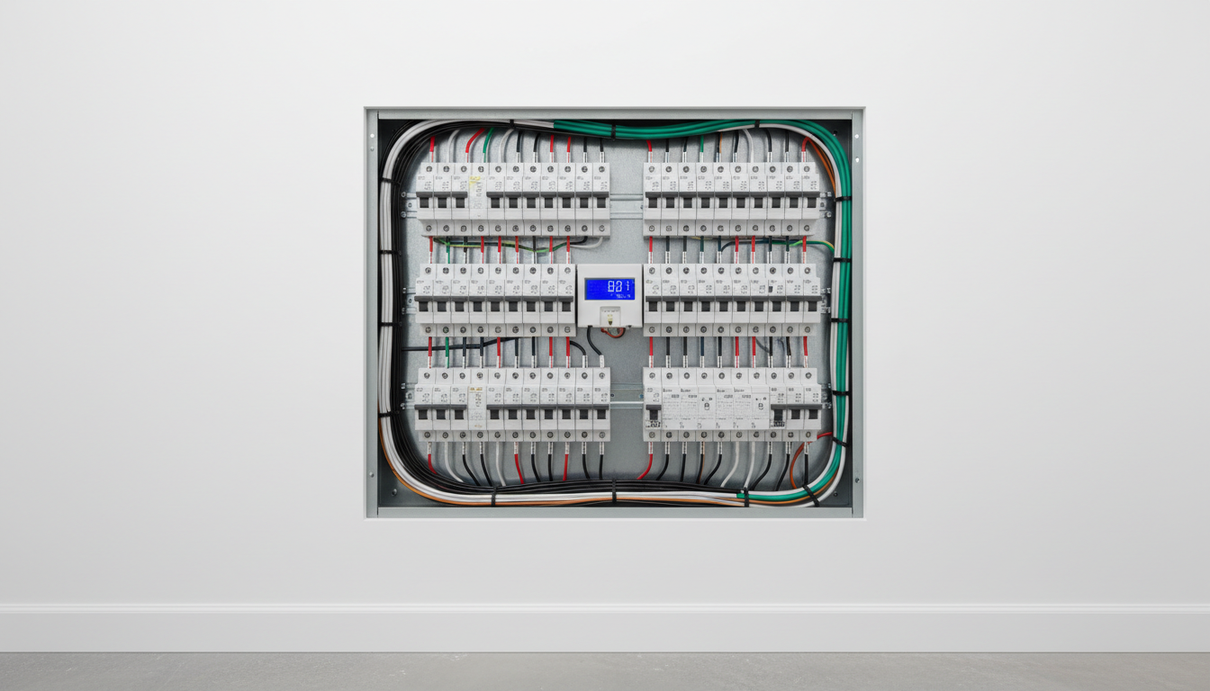Close-up photo of a modern electrical panel (circuit breaker box) inside a clean, well-organized hom