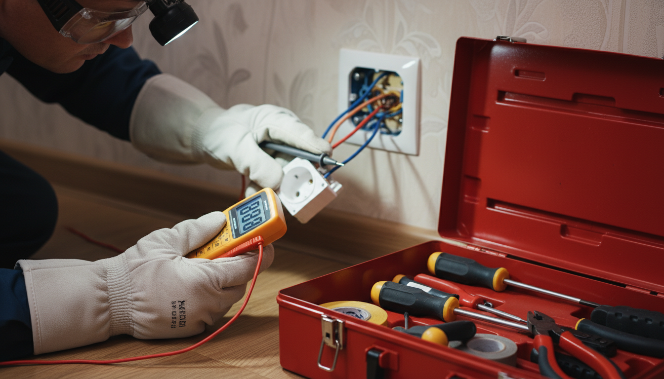 Professional photo of a certified electrician, wearing appropriate safety gear (gloves, safety glass