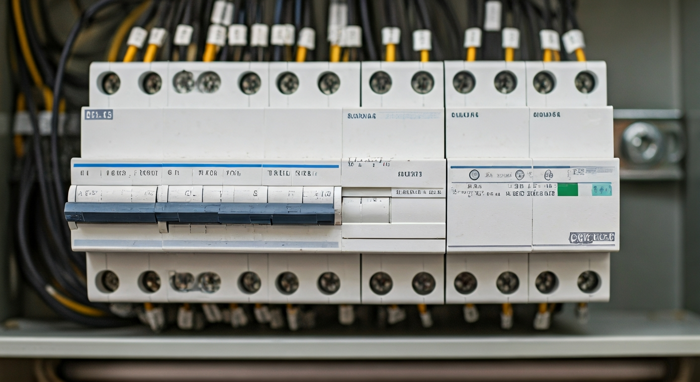 Close-up professional photo of a neatly organized electrical panel with clearly labeled circuit brea