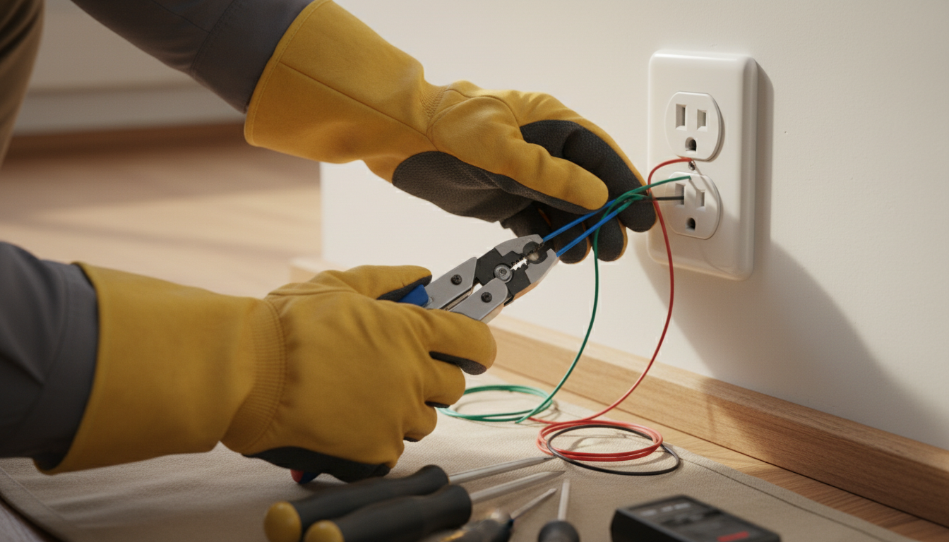 Close-up photo of an electrician's hands safely working on a residential electrical outlet, using pr