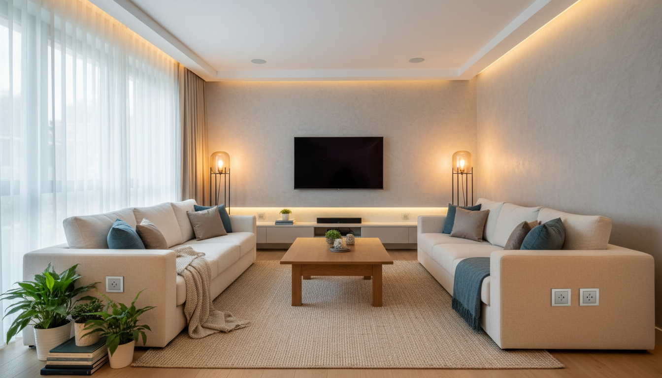 Professional photo of a family relaxing safely in a modern living room, with visible, well-integrate