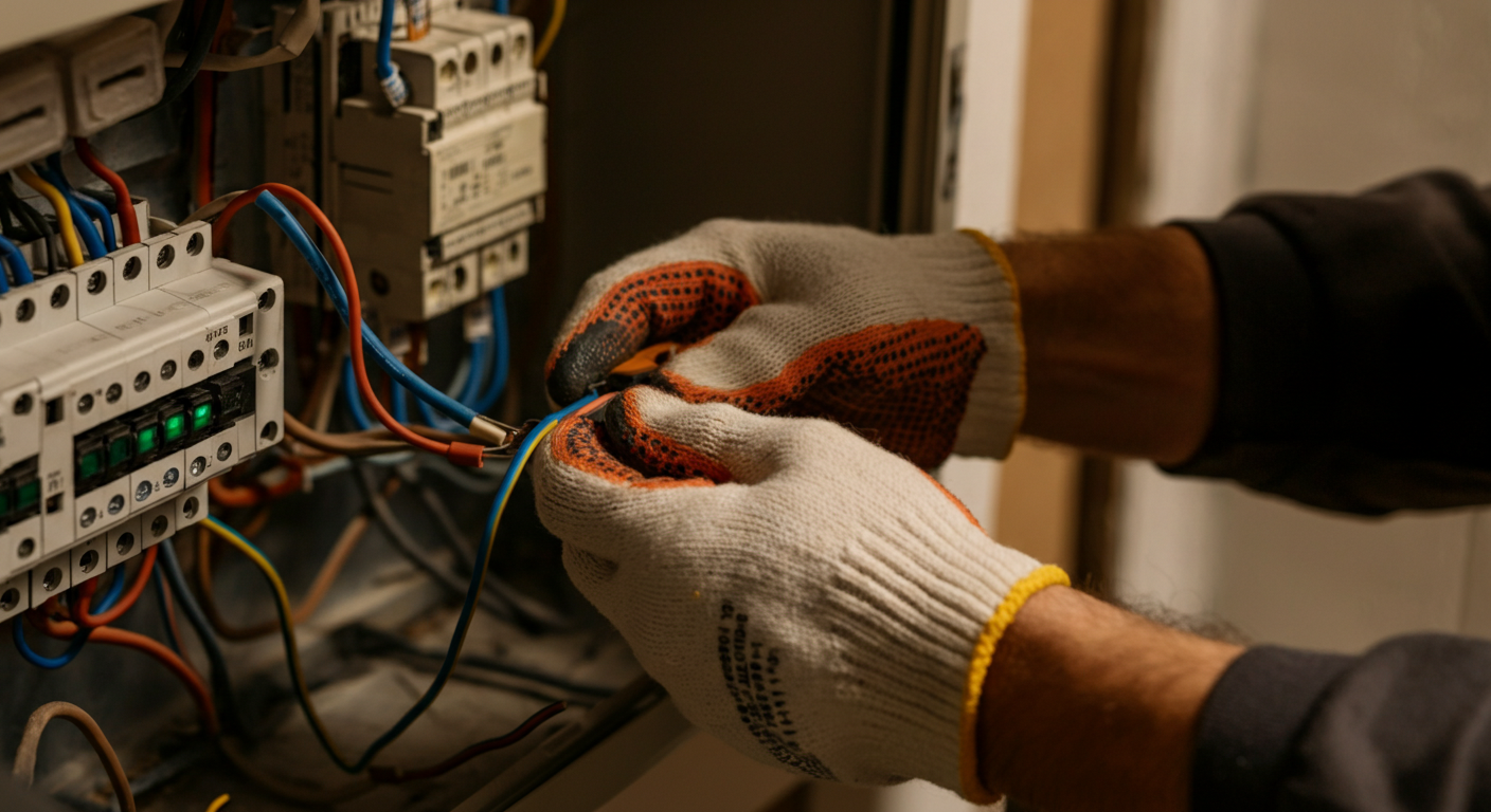 Close-up photo of a skilled electrician carefully connecting wires inside a home's electrical panel,