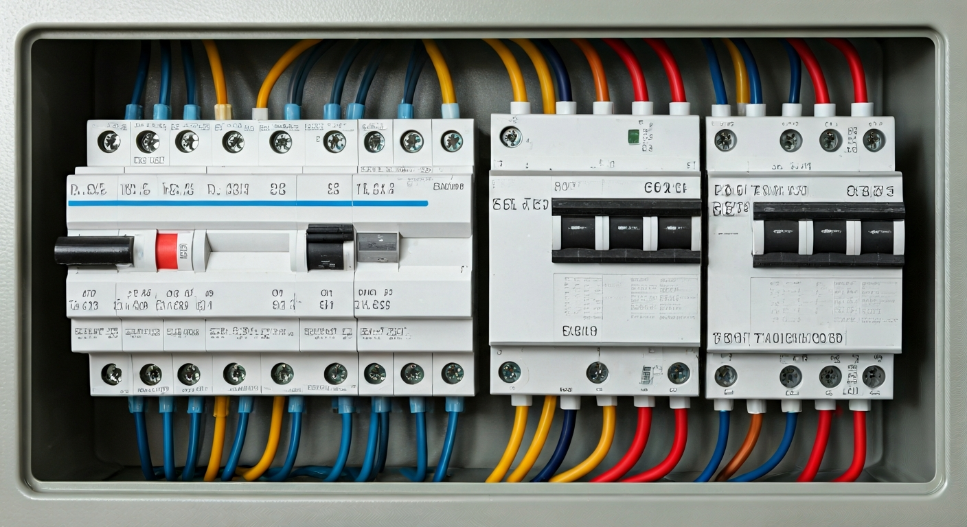 Professional photo of a neatly organized electrical panel with clearly labeled circuit breakers, hig