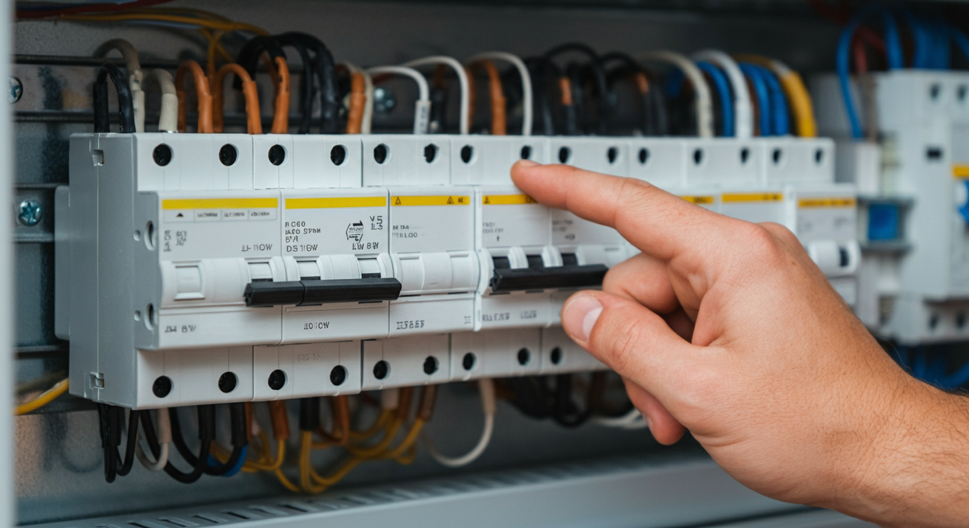 Close-up photo of a neatly organized electrical panel with clearly labeled circuit breakers and a qu