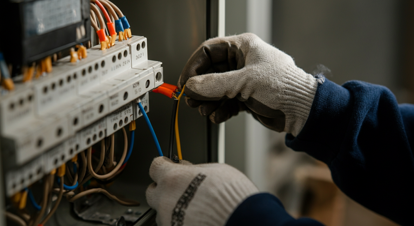 Close-up, professional photo of a skilled electrician's hands wearing protective gloves, carefully c