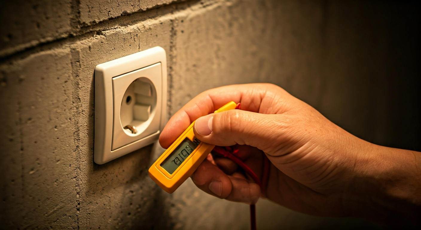 Close-up photo of a hand holding a voltage tester near a properly installed electrical outlet, symbo