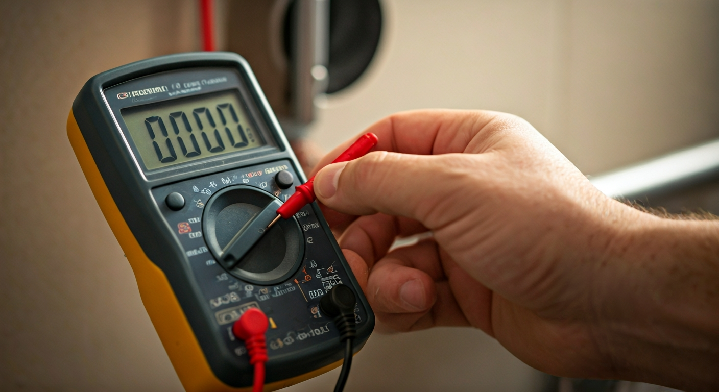 Close-up photo of a hand holding a voltage meter, testing an electrical outlet with a calm and profe