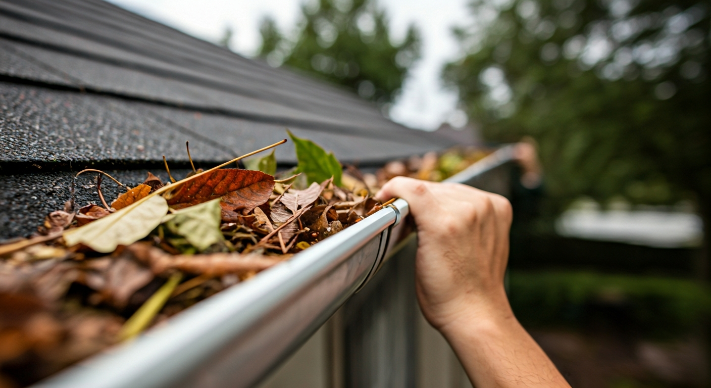 Close-up photo of a hand cleaning rain gutters filled with leaves and debris on a residential house,