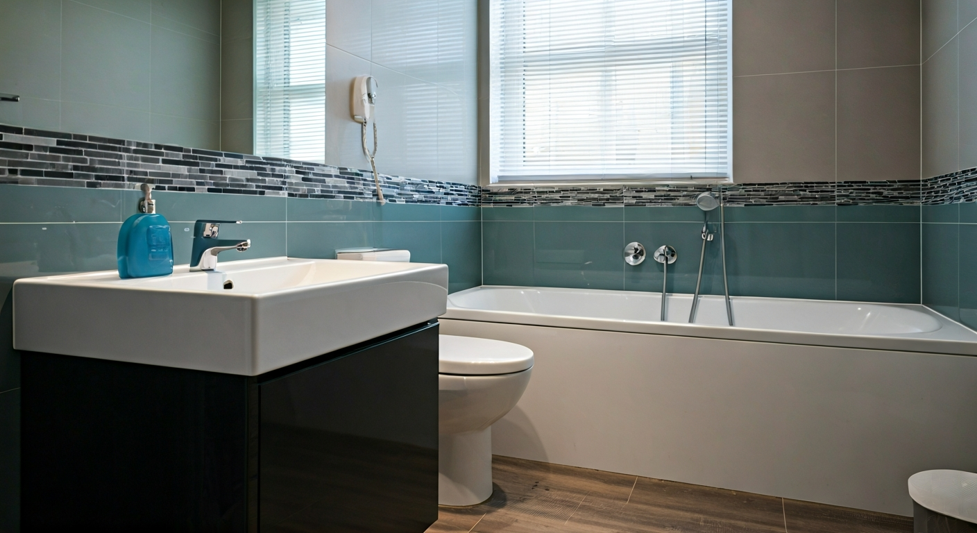 Professional photo of a spotless bathroom with gleaming tiles and fixtures, highlighting a professio