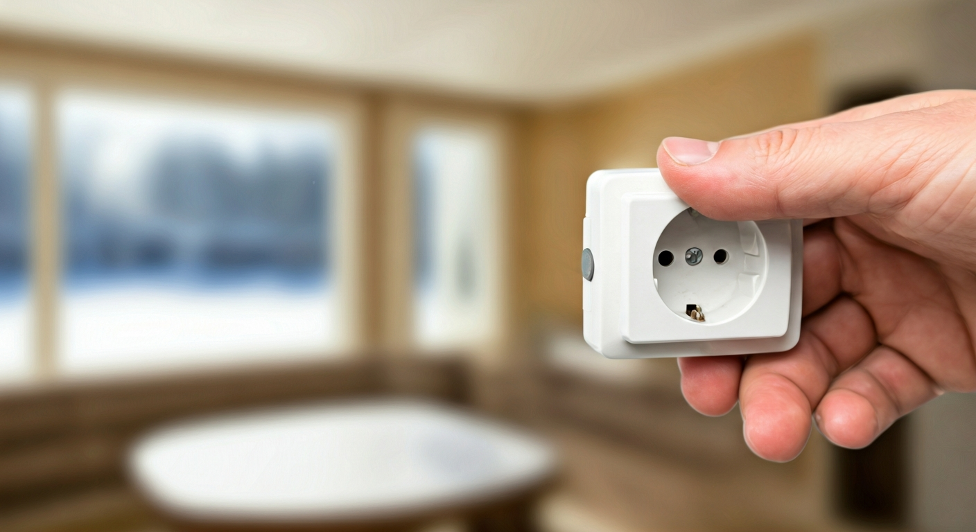 Close-up photo of a hand carefully inspecting an electrical outlet for any signs of wear or damage,