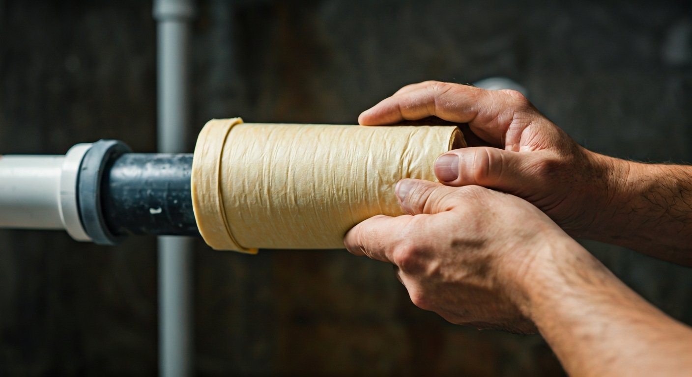 Close-up photo of a plumber's hands carefully wrapping pipe insulation material around an exposed wa