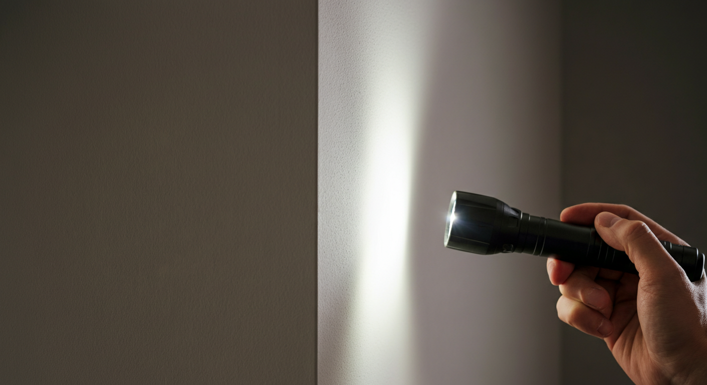 Close-up professional photo of a hand holding a flashlight, examining a clean, dry wall corner for a