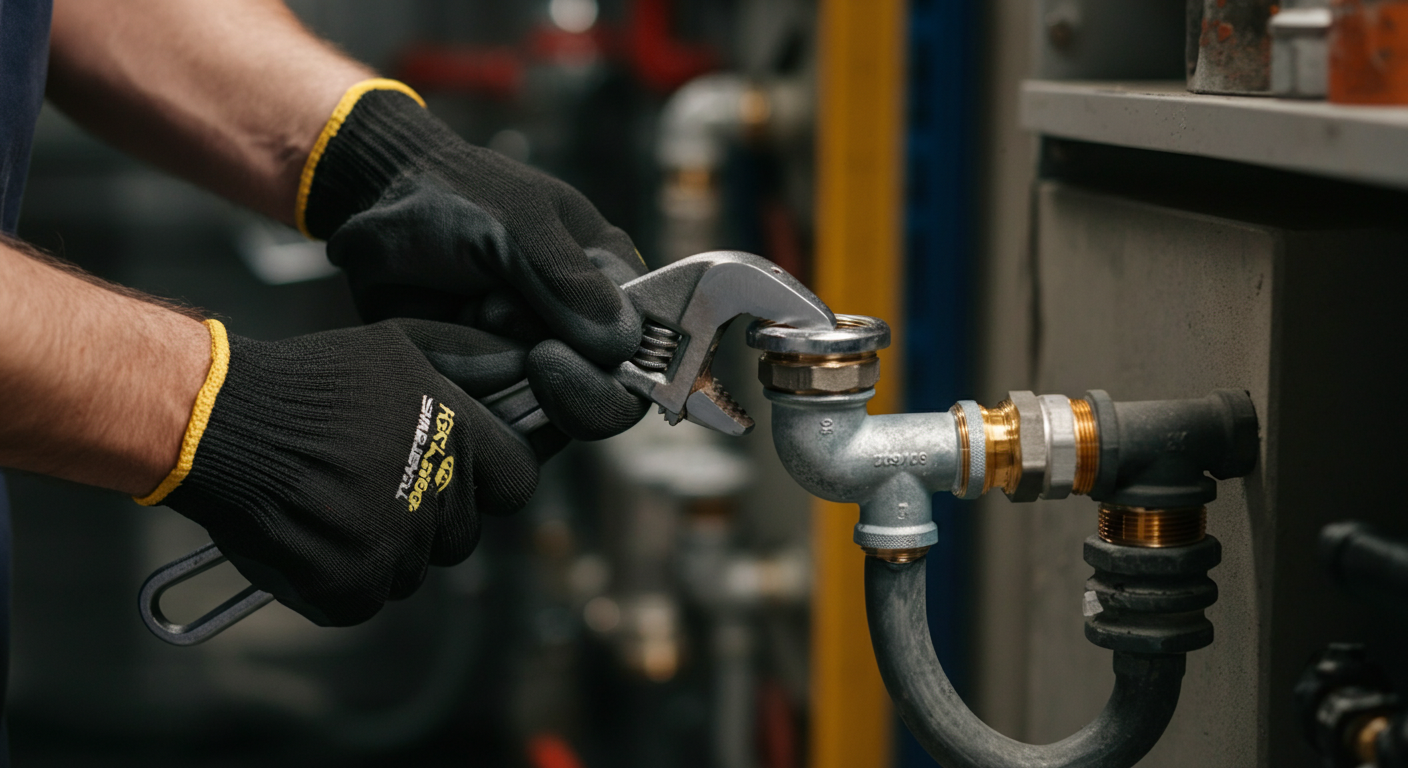 Professional photo of a skilled plumber's hands, wearing clean gloves, carefully tightening a pipe f