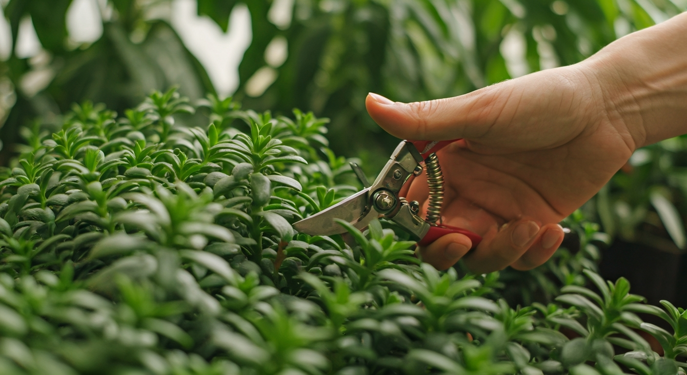 Close-up professional photo of hands gently pruning a vibrant green plant in a well-lit indoor garde