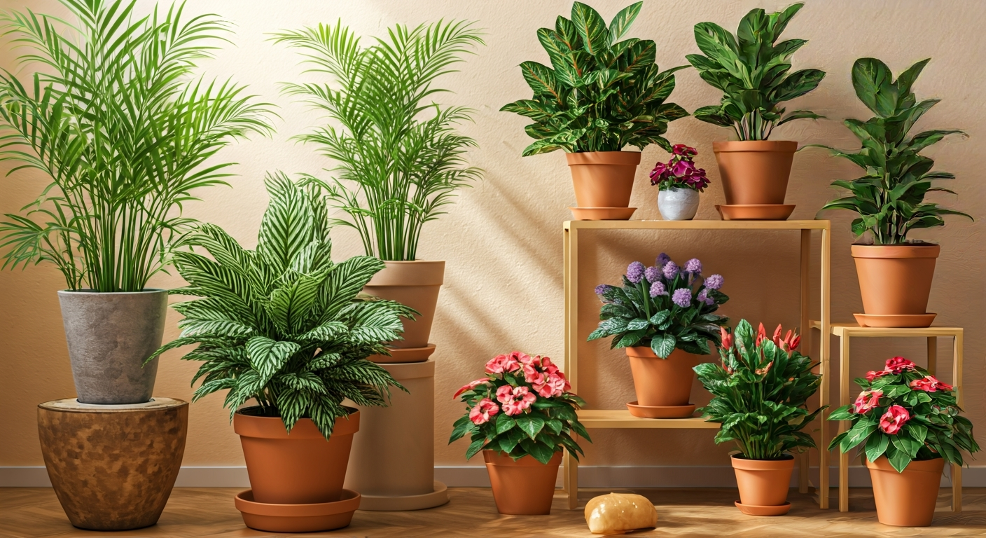 Professional photo of a collection of diverse indoor plants in decorative pots, arranged on shelves