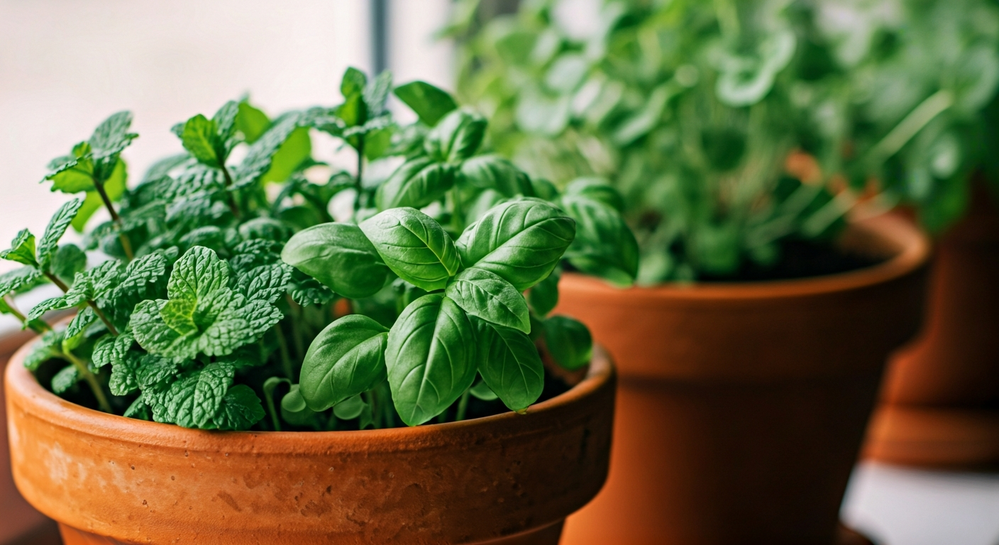 Close-up photo of vibrant green basil, mint, and parsley growing in terracotta pots on a windowsill.