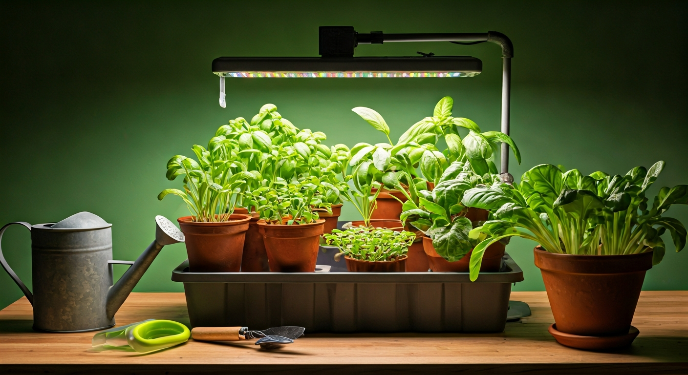 Professional photo of a well-organized small indoor garden setup. It features various potted herbs a
