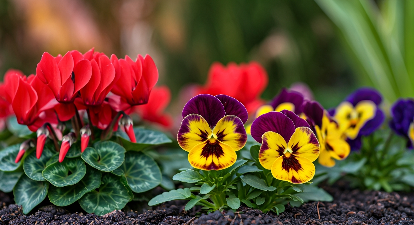 Close-up professional photo of vibrant winter flowers like pansies and cyclamens in a well-maintaine