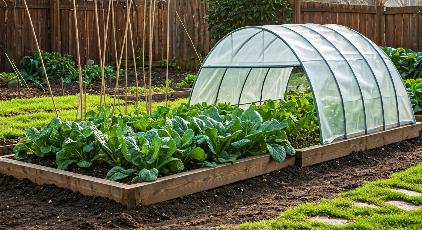 Professional photo of a small, productive winter vegetable garden with raised beds covered by a tran