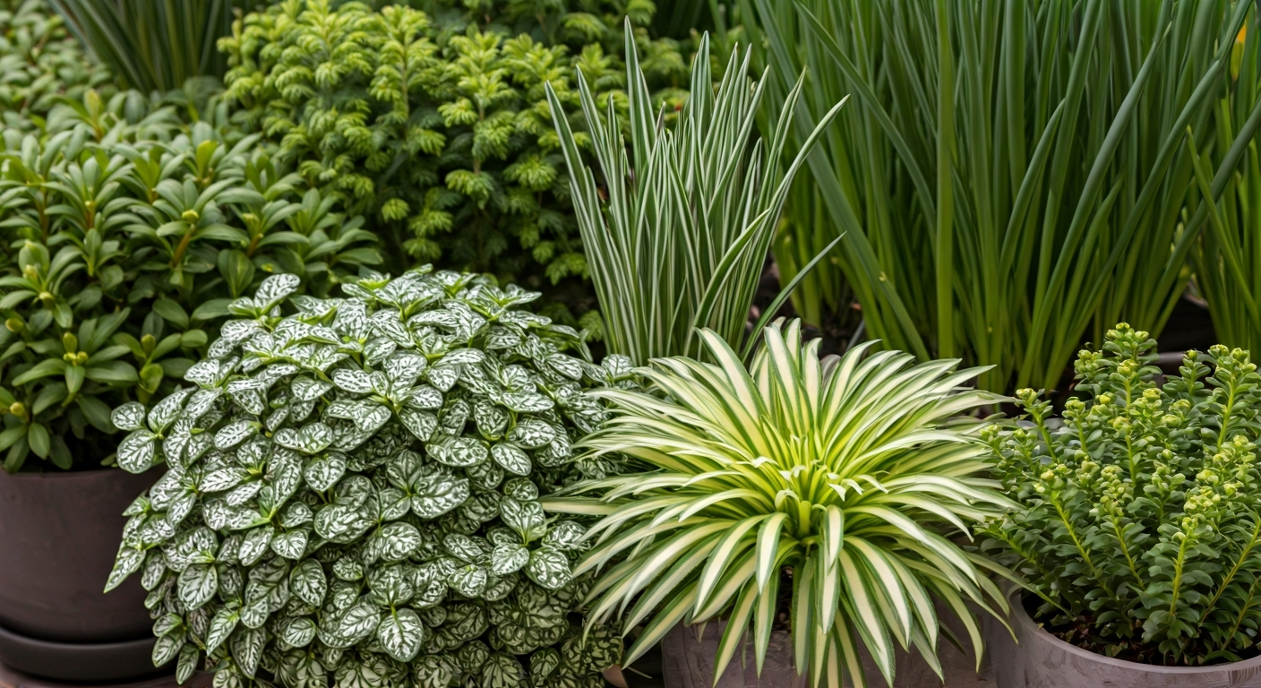 Close-up, professional photograph showcasing a variety of winter-hardy plants with interesting textu