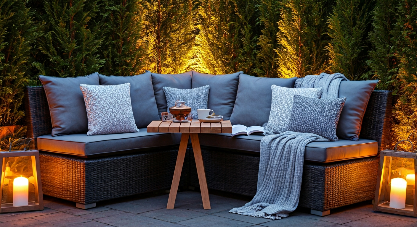 Professional photograph of a corner in a winter garden, highlighting cozy seating with plush cushion