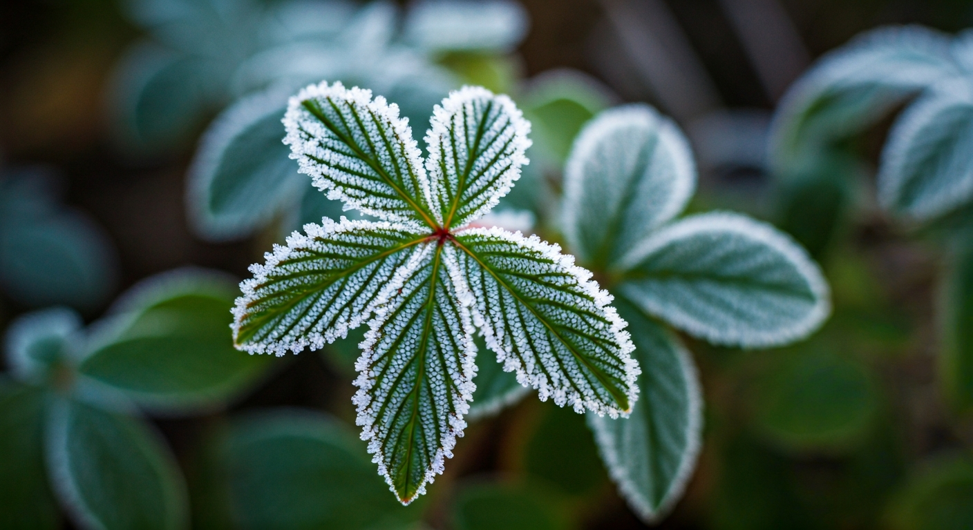 Close-up professional photograph of frost-covered leaves of a hardy plant in a garden, with a shallo