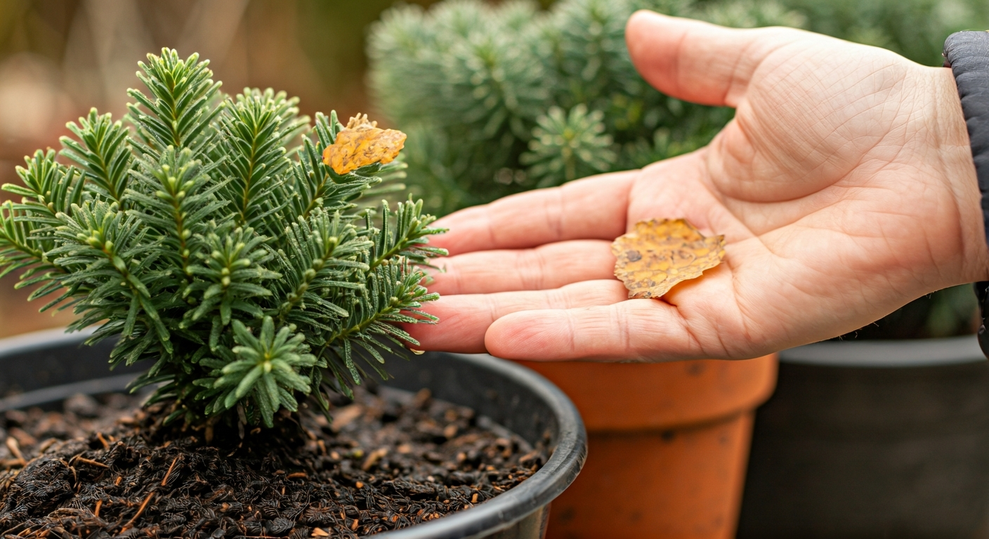 Close-up photo of a hand checking the soil moisture of a potted plant in a winter garden, with a sli